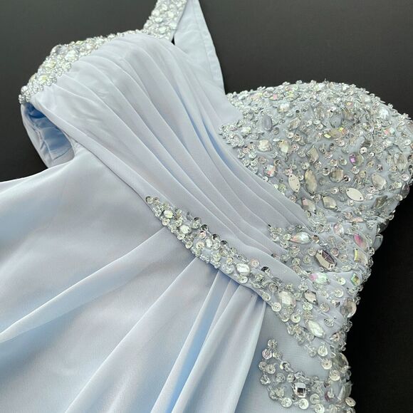 JJs House Dresses & Skirts - JJ's House 6 prom gown 1-shoulder chiffon beading sequin split sky blue cut-out